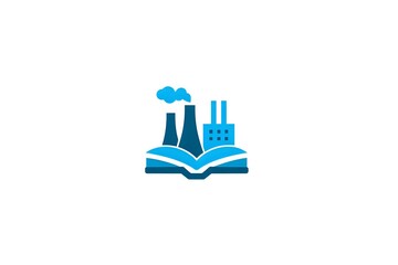 Industrial education concept with open book and factory smokestacks for learning materials, textbooks, and corporate training programs.