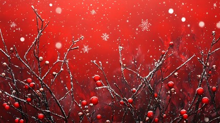 Pine twigs with red baubles light glow snowflakes falling on red backdrop