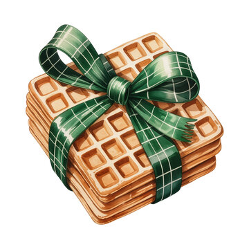 Stacked waffles are neatly tied with a green ribbon, creating a delightful and unique presentation