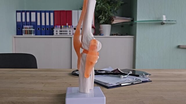 Joint model demonstration with orange ligaments in a medical office setting