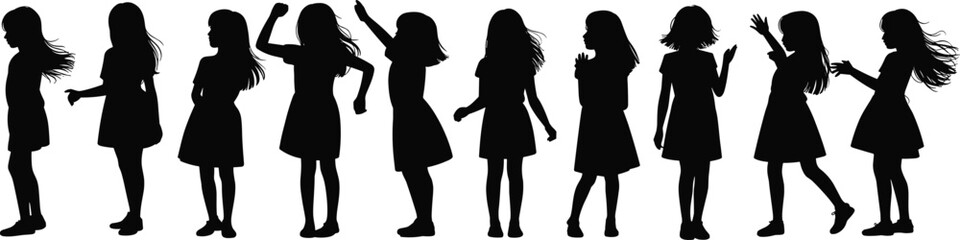Girls silhouette in dresses, expressive poses, child gesture art, long hair movement, standing row, playful posture, emotional body language © MD