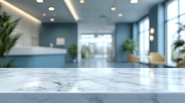 Modern office lobby with marble table surface in foreground and blurred contemporary interior background featuring plants and natural lighting.