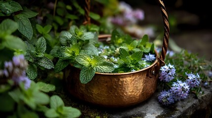 Fresh mint leaves in copper basket with purple flowers for culinary herbs cooking ingredients natural organic gardening harvest kitchen preparation.