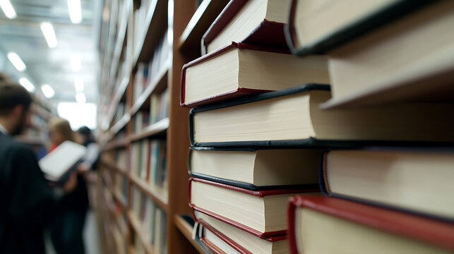 Explore the vast world of knowledge in a library brimming with books. Shelves hold stories, research, and endless discoveries waiting to be uncovered. A reader stands in the background.
