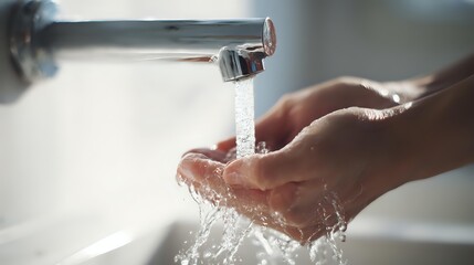 Hand washing under running tap water in bathroom sink, demonstrating proper hygiene practice for disease prevention and cleanliness.