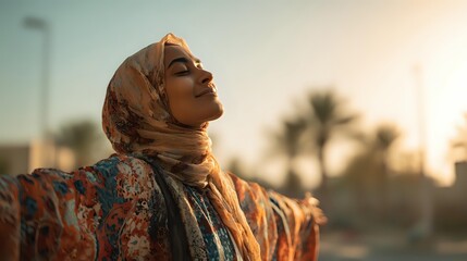 Woman in patterned hijab and colorful shawl enjoying sunset with arms outstretched, expressing freedom and joy against urban palm tree backdrop.