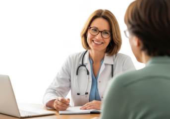 Smiling female doctor with stethoscope and glasses consulting patient isolated on transparent background