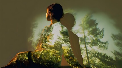 Young woman silhouette with double exposure forest trees nature overlay effect for mindfulness meditation wellness and environmental awareness concepts.