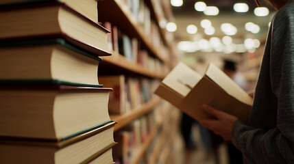 An image of a library shelf, books stacked. Someone holds a book with focus on reading or researching. Bright lights illuminate the space, creating an inviting study atmosphere.