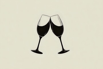 Two champagne glasses clinking together in celebration silhouette on beige background, minimalist design for event invitations.