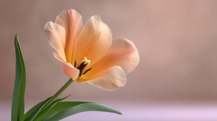Fototapeta premium Delicate Peach Tulip Blooming Gracefully Against a Soft Blurred Background with Subtle Earthy Tones in Nature-Inspired Floral Arrangement