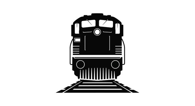A striking front view of a classic diesel locomotive presented as a bold silhouette