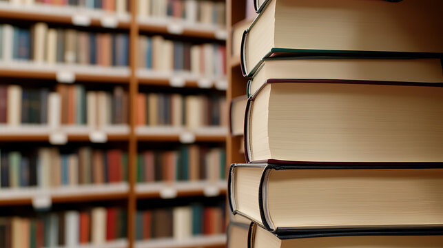 Books stack up against a backdrop of blurry bookshelves, symbolizing a wealth of knowledge and the comforting presence of libraries. Classic books pile up.