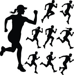 Running, silhouette, people, motion, posture, athlete, fitness, black, white, graphic, illustration, cap, stance, energy, dynamic, female, male, jogging, sprinting, movement, outdoor