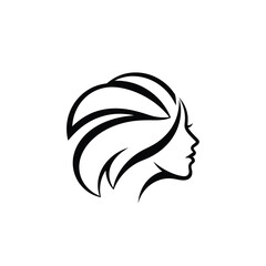 an elegant black and white line drawing depicts the profile of a woman with flowing hair symbolizing beauty and grace