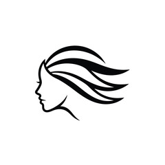 a minimalist black and white line drawing depicts the profile of a woman with flowing dynamic hair high quality professional detailed