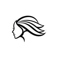 A minimalist black and white illustration depicts a woman s profile with flowing hair showcasing elegance and simplicity in design high quality
