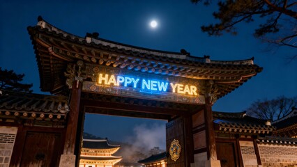 Fototapeta premium 궁궐앞_홀로그램_새해인사_야경