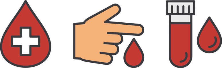 Blood drop with cross, finger pricking, and test tube icons medical health © SUMAIA
