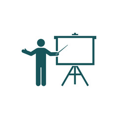a minimalistic teal colored pictogram depicts a person giving a presentation using a pointer and a whiteboard on a stand