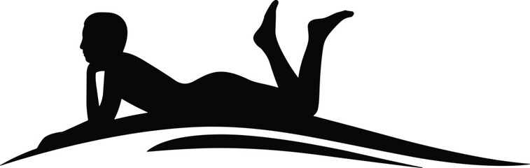 Silhouette person lying relaxed, leisure posture, black illustration, chin resting pose, minimal art, curved surface, calm gesture, quiet moment