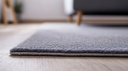 A close-up shot of a soft, gray rug with a simple, minimalist design and a sleek, modern aesthetic. The gray rug resting atop a beautiful, natural wood floor.