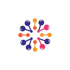 a vibrant circular design featuring interconnected purple orange and pink nodes with connecting lines illustrating a network or connection concept