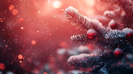 Soft snowy red backdrop pine tree glowing red decorations
