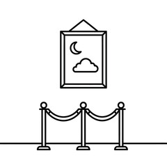 a minimalist depiction shows a framed artwork of a crescent moon and cloud guarded by a velvet rope barrier high quality