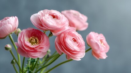Naklejka premium Delicate Pink Ranunculus Flowers Against Soft Blue Background for Elegant Floral Decor and Design Inspiration