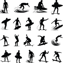 Surfing, skateboarding, silhouette, posture, motion, trick, stance, black, white, graphic, illustration, board, sport, rider, energy, action, minimal, outdoor, agility, lifestyle, dynamic