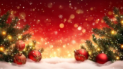 Red snow background with pine and glowing Christmas lights and baubles