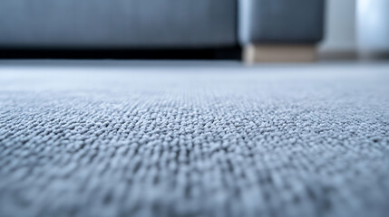 A close-up view reveals the intricate texture of a soft, gray carpet in a cozy room, evoking feelings of comfort and warmth. Background shows a gray couch, blurred in the back.