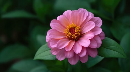 Obraz premium Beautiful pink flower with vibrant petals and yellow center surrounded by green leaves in a natural setting, captured in soft light for a serene atmosphere