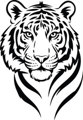 Tiger, face, silhouette, black, white, animal, wild, predator, fierce, bold, graphic, tattoo, logo, art, design, abstract, powerful, striped, symmetrical, illustration