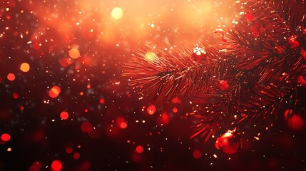 Red festive pine branches glowing ornaments falling winter snow