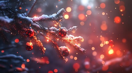Red festive pine branches glowing ornaments falling winter snow