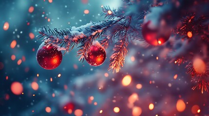 Red festive pine branches glowing ornaments falling winter snow