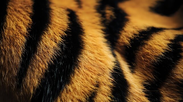 Close-up of tiger fur texture showing distinctive orange and black stripes, highlighting natural pattern and texture for wildlife and nature design projects.
