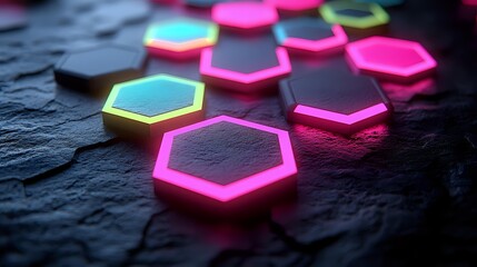 Colorful neon hexagonal shapes scattered on dark textured surface creating modern geometric pattern for digital design and technology concepts.