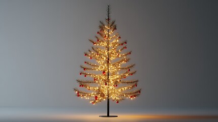 Holiday winter pine tree with golden lights and red decoration