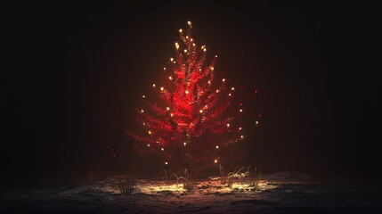 Holiday winter pine tree with golden lights and red decoration