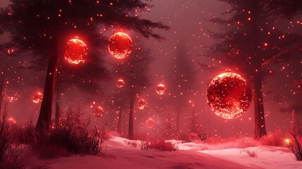 Snowy red setting with glowing pine red baubles and sparkles