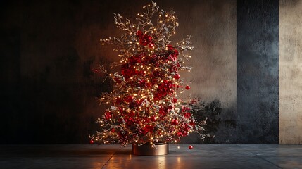 Holiday winter pine tree with golden lights and red decoration