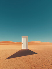 Classic white door standing alone in a surreal minimalist desert landscape casting a long shadow