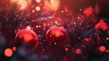 Snowy red setting with glowing pine red baubles and sparkles