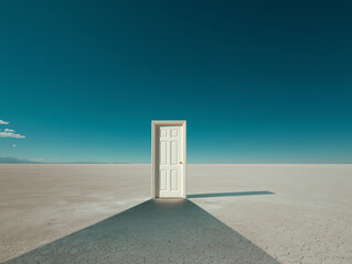 Classic white door standing alone in a surreal minimalist desert landscape casting a long shadow