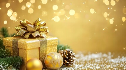 Yellow Christmas background with festive gift box and holiday ornaments