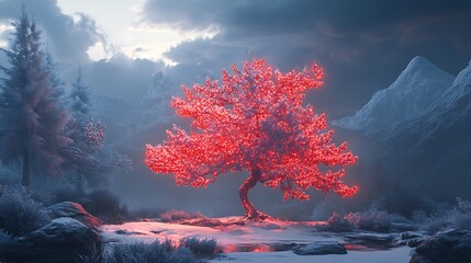 Christmas red themed pine glowing decor snow covered festive tree