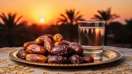 Golden sunset with plate of dates and glass of water on elegant tablecloth, traditional iftar setup during Ramadan